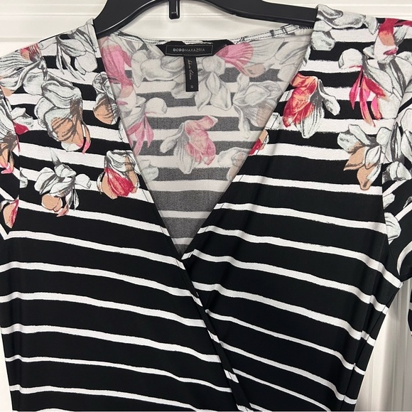Pink BCBGMaxazria Wrap Dress Black and White Stripe Floral Party Dress Size: S - Picture 7 of 9